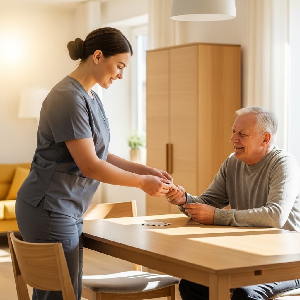 Caregiver assisting resident with daily activities